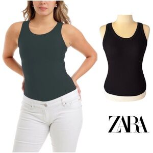 ZARA Women's Black High Round Neck Tank Top Size Medium Ribbed Knit Stre…